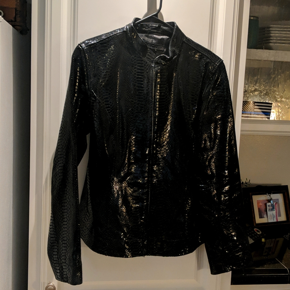 Chico,s simulated black snake jacket, beautiful.   100%leather.
